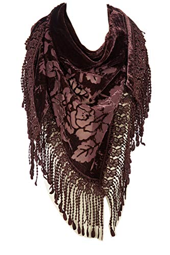 Brown Floral Fringe-Trim Silk-Blend Burnout Velvet Shawl
