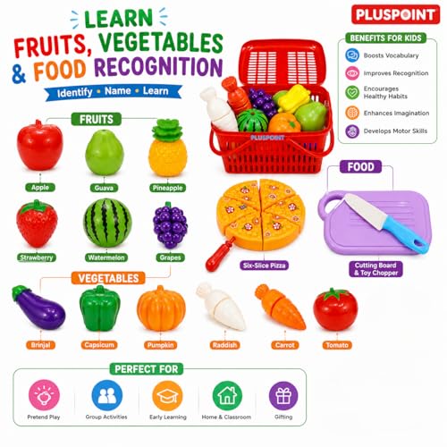 Image of PLUSPOINT 20 PCS Cutting Play Food Toy Set with Storage Basket | Sliceable Fruits, Vegetables & Pizza Kitchen Pretend Play Accessories with Cutting Board & Chopper | Role Play Toy for Boys & Girls