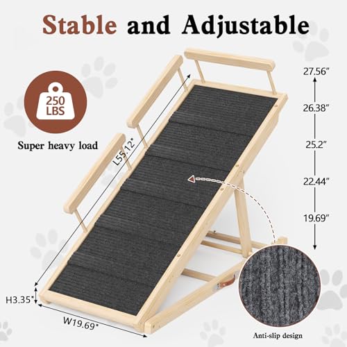 Dog Ramp for High Bed, Couch, Car, Pet Ramps 55.12" Long Adjustable 19.7"-27.6" Wooden Dog Step with High Traction Mat & Safety Side Rails for Small Medium Large Older Pets, up to 250 lbs - Image 3