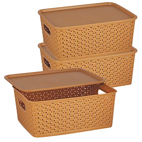 Image of Ski Homeware H5 Fashion Multipurpose Storage Basket With Lid Use for Kitchen, Vegetables, Toys, Books, Office, Stationery, Utility, Cosmetics, Accessories, Closet, Wardrobe Set 3 (Large, Light Brown)