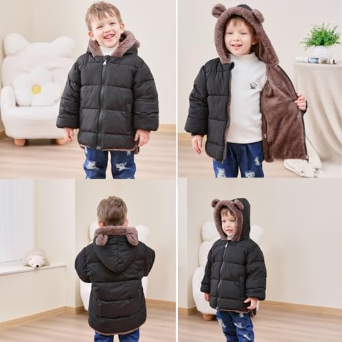 kids4ever Baby Jacke Junge Warm Wintermantel Niedlich Plüsch Bärenohren Winterjacke Reißverschluss Kapuzenjacke Schwarz für Kleinkinder 6-12 Monate