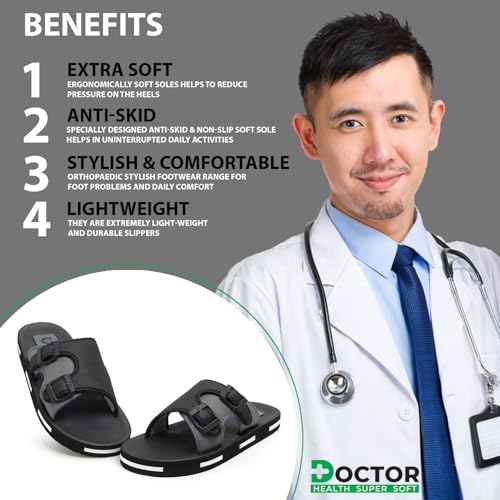 Image of DOCTOR HEALTH SUPER SOFT Men Comfortable Double Strap Slippers with Adjustable Buckles, Cushioned Footbed and Anti Slip Sole, Casual Everyday Wear Sliders for Indoor and Outdoor Use