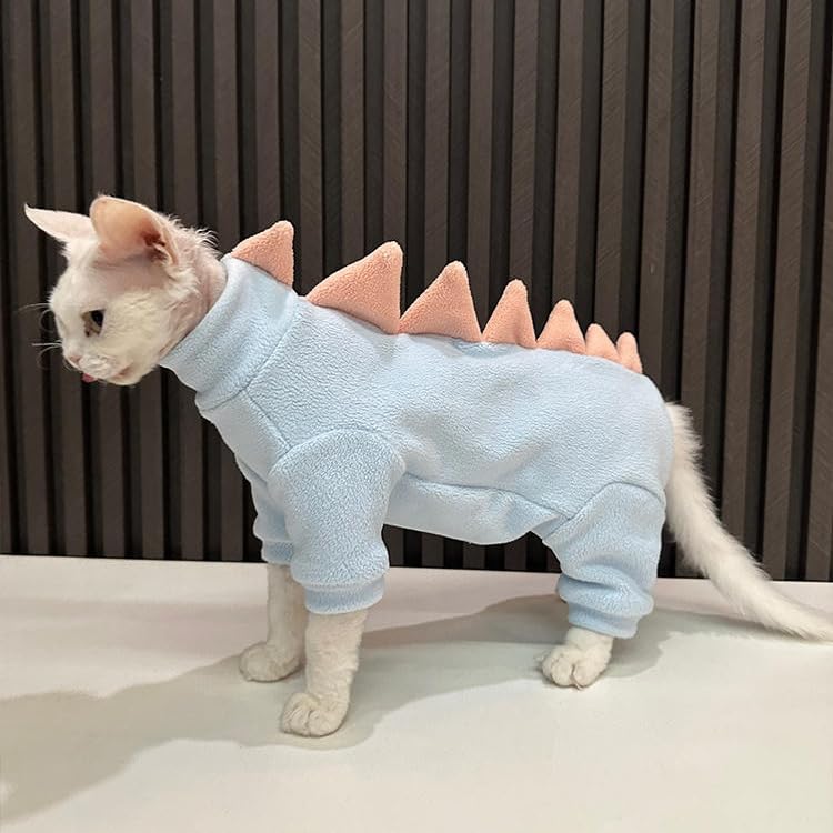 GigglyHouse Sphynx cat Clothes, Dinosaur Costume, Hairless Cats Warm Clothes for Cornish Rex and Devon Rex (Blue, S(2-3.5lbs))