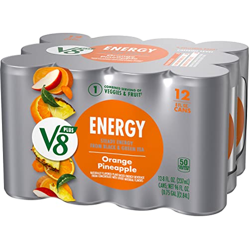 Image of V8 +ENERGY Orange Pineapple Energy Drink, Made with Real Vegetable and Fruit Juices, 8 FL OZ Can (2 Packs of 12 Cans)