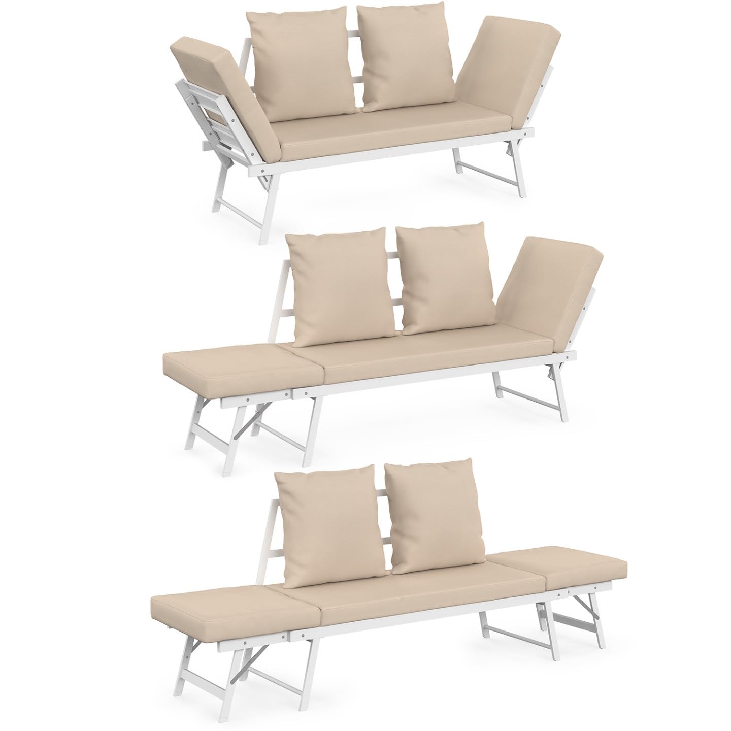 IDMarket - Canapé de Jardin, Banquette Convertible NOLA 2/3 Places avec accoudoirs inclinables métal Blanc et Coussins Beige