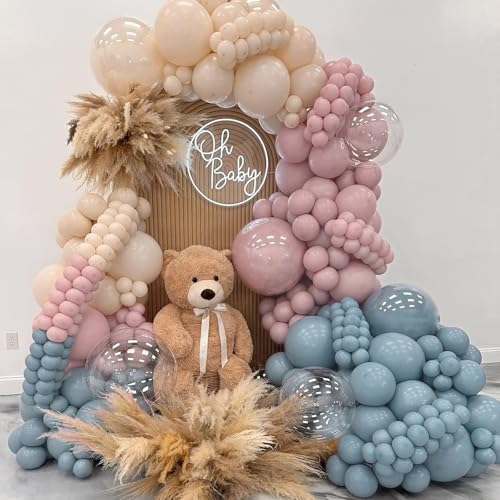 Image of Gender Reveal Balloon Arch Kit 139Pcs Dusty Pink and Fog Blue Balloons White Sand Balloons for Boho Wedding Bride Anniversary Birthday Baby Shower Bridal Bear Theme Decorations