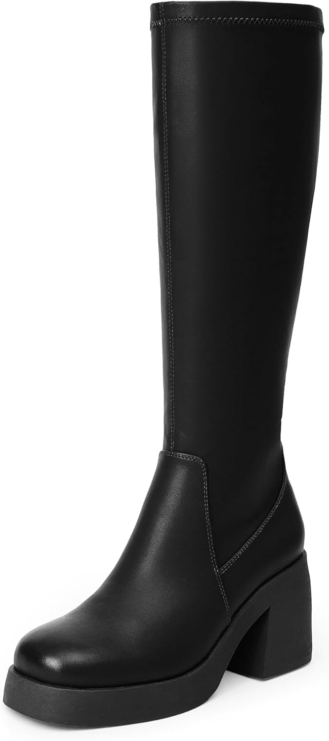 Black Elastic Boots Women Square Toe Platform Knee High Boots Chunky Heels Tall Boots 2024 Fall Stretchy Boots Size 8