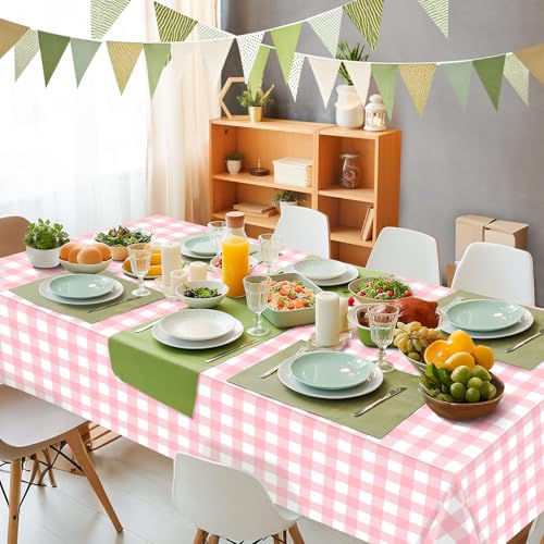 Image of Mulbozy 3 Pcs Pink Gingham Tablecloth Plastic 54 x 108 Inches
