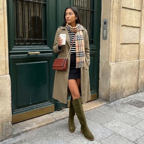 Image of Modatope Rounded Toe Flat Stretchy Dress Knee High Boots Side Zipper | Suede Elastic Fall Winter Boots, Low Chunky Block Heel Riding Boots,2026 Fashion Womens Tall Long Boots