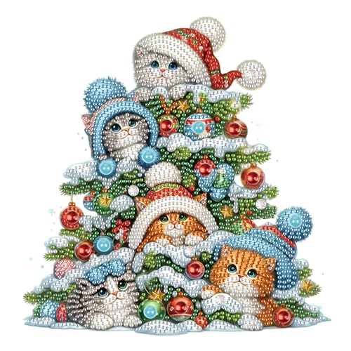Image of 5D Special Shape Diamond Art Kits for Beginners, Diamond Art Painting Kits for Adults, Crystal Rhinestones Diamond Painting for Home Wall Christmas Decoration Gift 12x12 inch, Christmas Tree and Cats