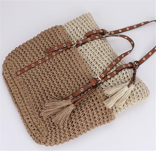 Bolso de hombro tejido de paja con tachas para mujer miniatura 6