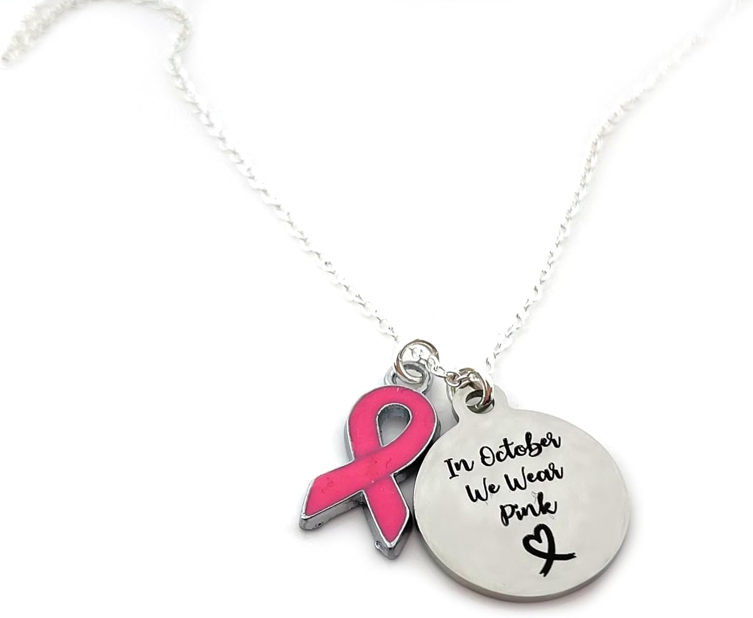Daisy & Fox Pink Ribbon Necklace – Breast Cancer Awareness, In October We Wear Pink Stainless Steel Charm, 18" Silver Plated Chain, Handmade Gift