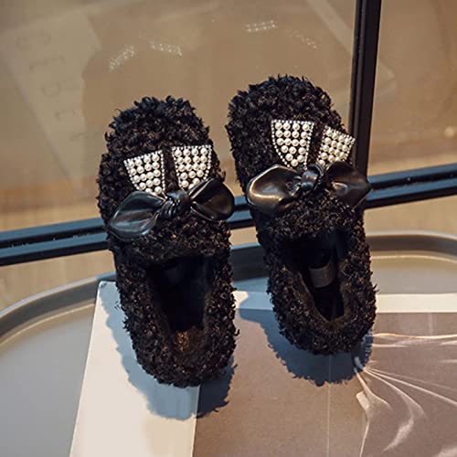 Winter Children Shoes Baby Girls Cotton Shoes Flat Non Slip Pearl Bow Plush Warm Lightweight Comfortable Slippers (Black, 10.5-11 Years Big Kids) 5
