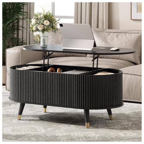 Image of JOINICE Oval Lift Top Coffee Table with Storage for Living Room,43 inch,Black | Large Hidden Storage,Modern Fluted Panel,Pop Up Center Table with Wooden Legs,Lifts to 22.4 inch,Holds 88lbs,Easy Assembly