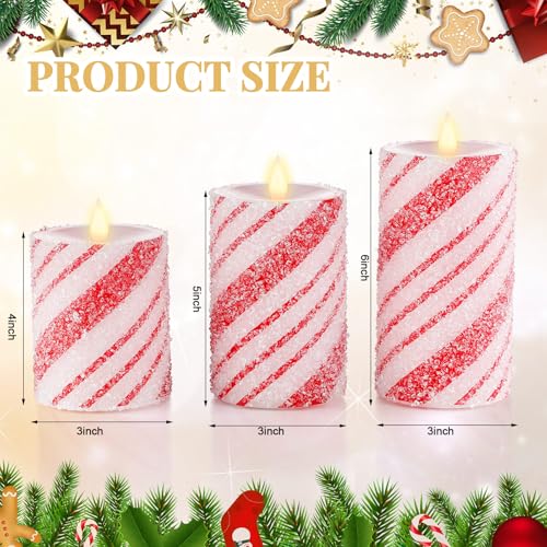 Image of Baquler 3 Pcs Christmas Flameless Candles Pastel Candy Cane LED Pillar Candle Peppermint Glitter Red and White Battery Operated Candlestick for Xmas Party Holiday Table Home Decoration(Thin Stripe)
