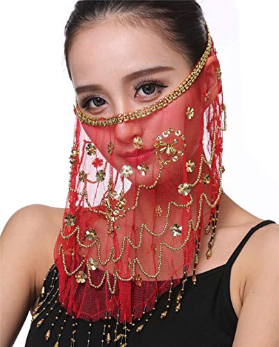 Women Belly Dance Face Veil with Beads Sequins Halloween Genie Costume Accessory Red