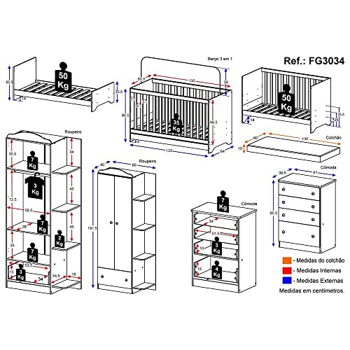 Quarto Infantil Completo com Berço 3x1 e Colchão Incluso Multimóveis João e Maria Fg3034 Branco/colo