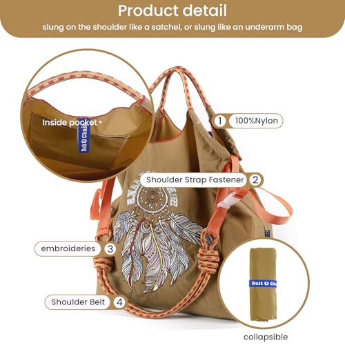 Image of Ball&Chain Embroidery Initial Nylon Tote Bag,Personalized Present Suitable for Travel,Beach,is a Great Gift Women, Mom (Khaki, Large)