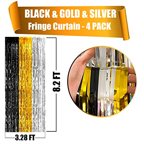 Image of 4 Pack Black Gold Silver Foil Fringe Curtain Backdrop, 3.28Ft x 8.2Ft Metallic Tinsel Foil Fringe Streamers for Photo Booth, Wedding, Notorious One Birthday Roaring 20s Graduation Party Decoration