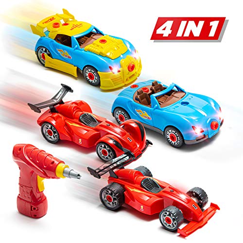 Prextex 53 Piece Build Your Own Racer Car Set STEM take Apart Toys for Boys with Real Working Drill and Screws 53 Piece Take-A-Part Toy for Boys and Girls with Lights and Sounds