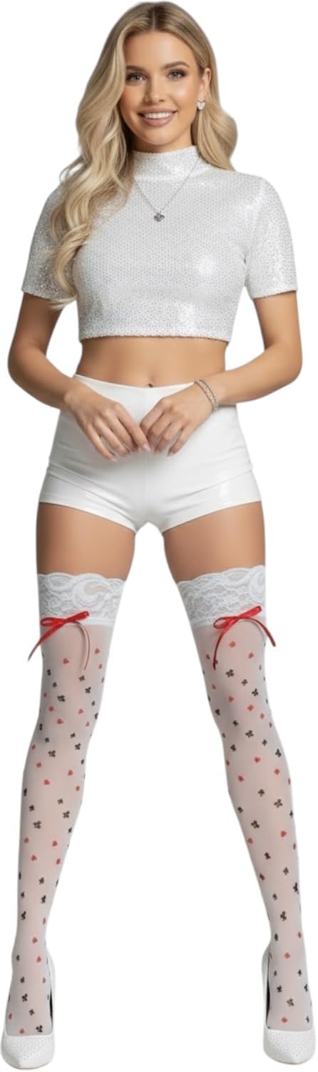 ToBeInStyle Women's Harlequin Jester Thigh High Stockings Playing Card Checkered Opaque Halloween Costume Hosiery