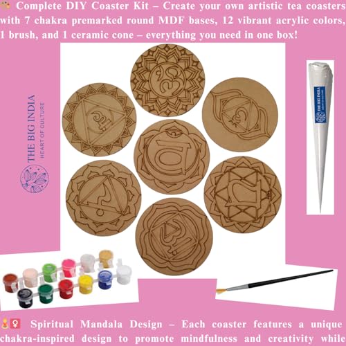 Image of Mandala Tea Coaster | Set of 6 | DIY Painting Craft for Adults & Kids | 7 Chakra Premarked Round Tea Coaster Kit
