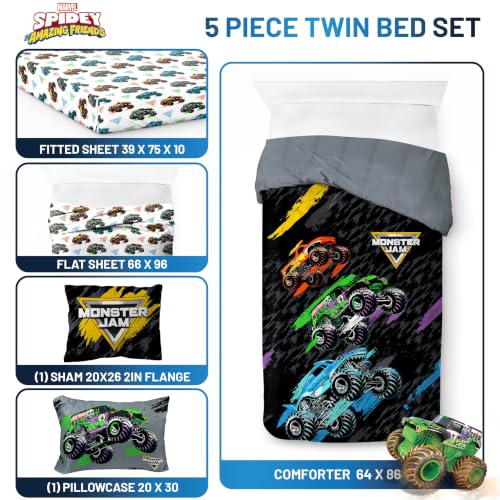 Image of Monster Jam Trucks Twin Comforter Set 5 Piece Kids Bedding for Boys, Black | Grave Digger Megalodon, Comforter Sheets Sham Pillowcase, Official Product, Soft Microfiber, Machine Washable, Boys Gift