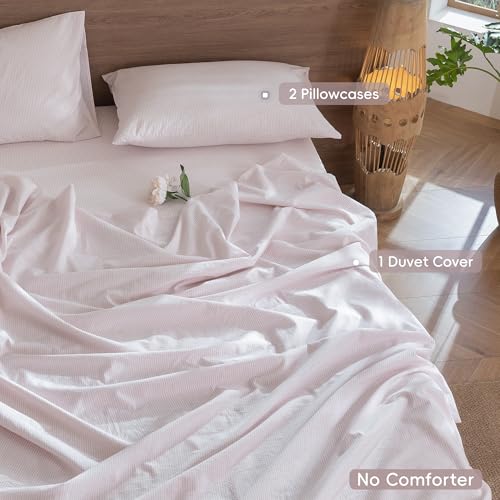Image of MooMee Striped Duvet Cover Set 100% Washed Cotton Linen Like Cal King | Relaxed Linen-like Texture. Soft, Breathable & Long-lasting Comfort. Lightweight. Hidden Zipper with 8 Interior Corner Ties