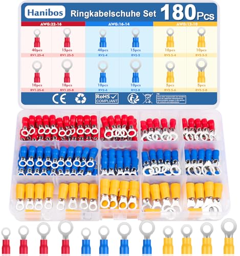 Hanibos Lot de 180 cosses à anneau 0,5-6,0 mm² M4/M5/M6/M8 partiellement isolées 12 tailles pour garages, pièces automobiles, mécaniciens, ateliers