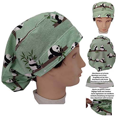 Gorro Quirofano mujer OSOS PANDA pelo largo, Enfermera, cirujana, Cocinera Absorbente en la frente, ajustable con tensor y goma