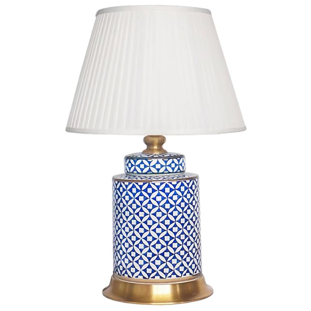 SANBDDLYY Hand-Painted Chinese Ceramic Table Lamp - Blue and White Nightstand Fabric Shade for Bedroom, Living Room, Office, and College
