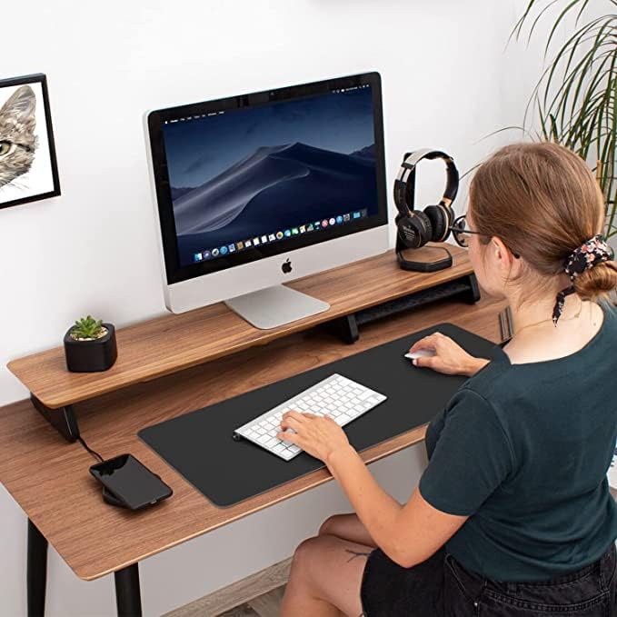 Image of AROPANA Vegan Leather Desk Mat | Large Reversible Mouse Pad & Computer Table Protector | Dual-Side Waterproof Extended Laptop Pad with Edge-Stitched Design (60x35CM, Black and Red)