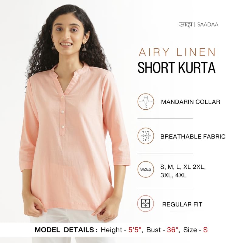 Image of SAADAA Women Short Kurti Airy Linen Regular Fit Kurta with 3 /4th Sleeves, Mandarin Collar, Side Slit Perfect for Casual, Formal, and Ethnic Wear