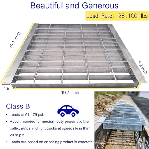 Image of Galvanized Steel Drain Grate with Lip 20x20 in, B-Class 28100 lbs Heavy-Duty Driveway Channel Cover w /Base, Outdoor Trench Drainage Grate, Silver Square Metal Sewer Cover for Garage