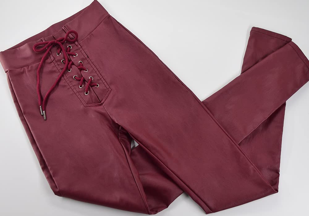 Dninmim Pantaloni in pelle sottile con coulisse a vita alta femminili Pantaloni in pelle primavera e autunno neri skinny matita PU