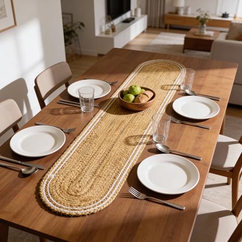Image of Encasa XO Dining Table Runner | Handmade Woven Natural Jute Runner | Size 30x137 cm | Off White & Jute Natural Bleach Color | Heat Resistant Rustic Home Decor for Coffee, Teapoy Cover & Center Table