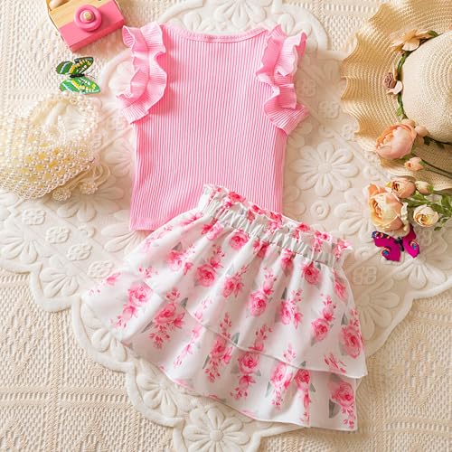 Ensemble d'été pour filles idéal pour les vacances avec jupe imprimée et haut à volants - 4