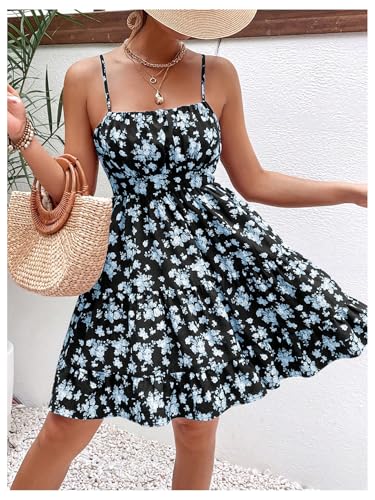 Image of Verdusa Women's Floral Print Dress Cute Summer Mini Dresses Ruched Sleeveless Ruffle Hem A Line Cami Sundress