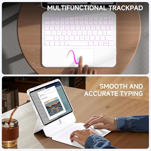 Image of Keyboard Case for iPad 11-inch (A16, 2025) and iPad 10th Gen 10.9-inch with Multi-Touch Trackpad, 360 Rotating Kickstand, Portrait & Raised Modes, Detachable Cover, 7-Color Backlight - White