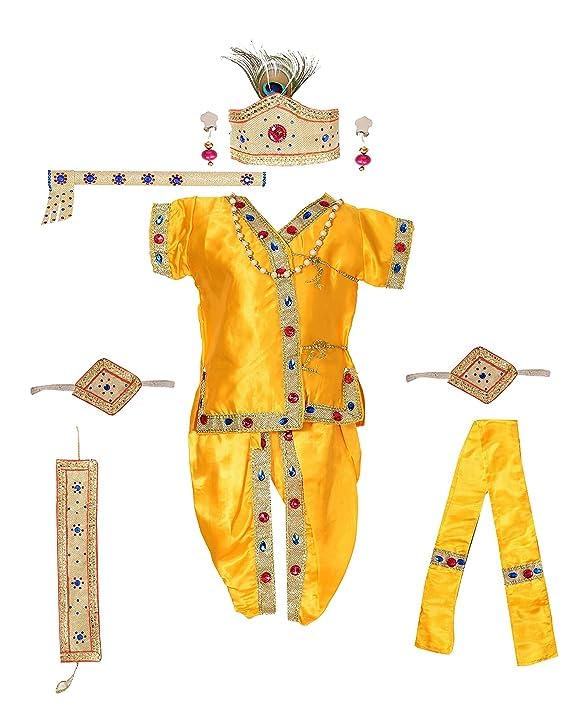 Image of Raj Fancy Dresses Shri Krishna Dress for Baby Boy & Girl, Janmashtmi Dress with Diaper-friendly Dhoti & Dupatta, Mor Pankh Mukut