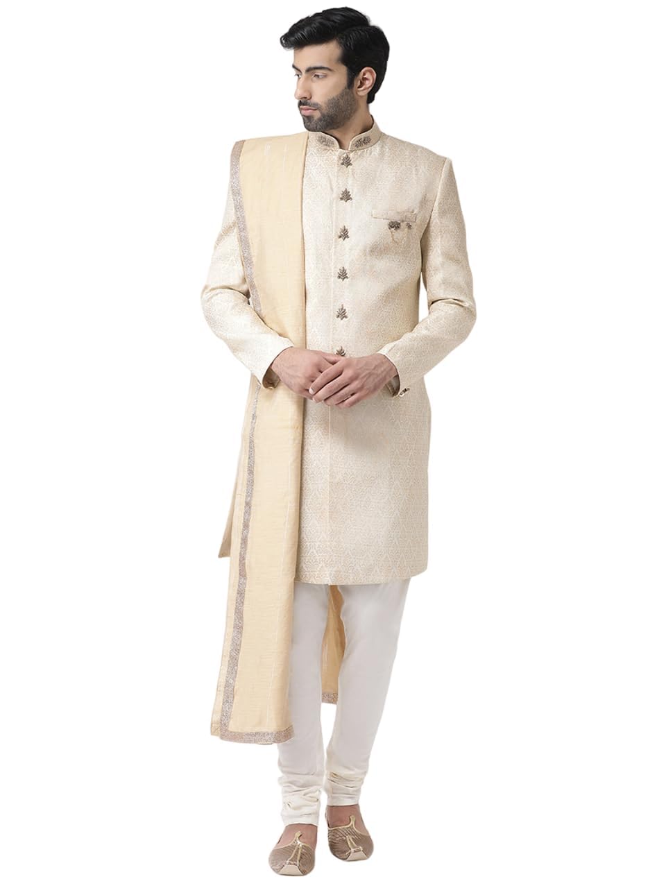 Kisah Men's Indo-Western Sherwani Churidar With Dupatta Set, Cream Brocade Woven Design Regular Fit Mandarin Collar Full Sleeves (L)