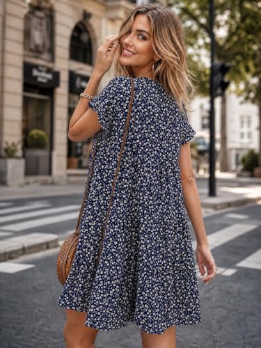 Image of Imysty Womens Boho Floral Ruffle Sleeve Babydoll Loose Flowy Casual Summer Pleated Mini Dress