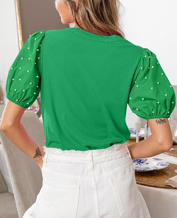 Chvity Puff Sleeve Tops for Women Summer Ribbed Knit Pearl Cute Tops Loose Fit Short Sleeve Crewneck Business Casual Outfits3