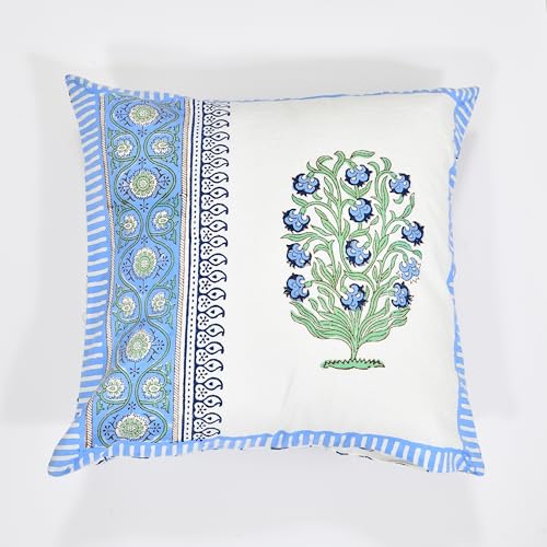Image of BLOCKS OF INDIA Hand Block Printed Cotton Cushion Cover (16 x 16 inches) (Blue Green Half)