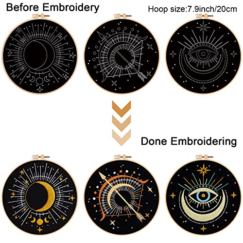 Image of Louise Maelys 3 Set Tarot Moon Embroidery Kits for Beginners with Evil Eye Pattern,Adults Starter Cross Stitch Kit DIY Needlepoint