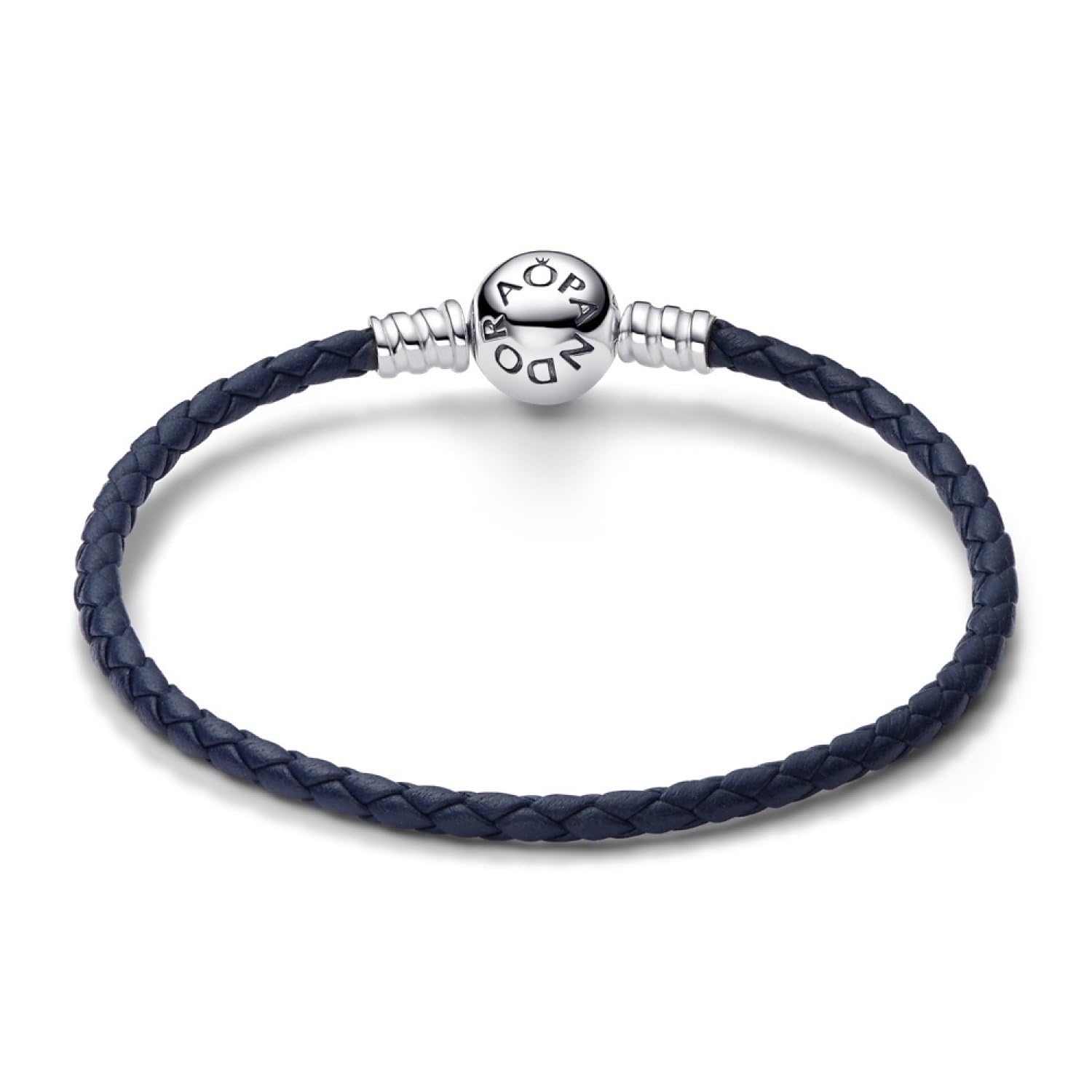 PANDORA Moments Blaues Geflochtenes Lederarmband mit Kugelverschluss aus Sterling Silber, Kompatibel Moments, Größe: 17,5 cm, 592790C01-S1