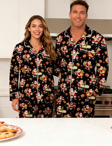 Image of RAISEVERN Couples Christmas Matching Pajamas 2 Piece Women Men Xmas Pjs Soft Pajama Set Long Sleeve Loungewear Warm Sleepwear
