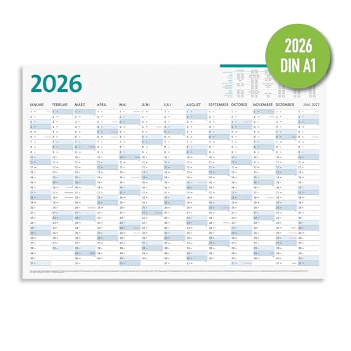 DIN A1 Wandkalender 2026, groß (84,1 x 59,4 cm), 13 Monate, Jahreskalender mit Monatsübersicht, Feiertage, Schulferien, Monatsplaner, Kalender gefaltet, für die Arbeit, Büro & Zuhause