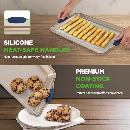 Image of NutriChef 3‑Piece Non‑Toxic Cookie Sheets for Baking - Premium Carbon Steel Oven Tray Set with Blue Silicone Handles - Nonstick Baking Sheet Set for Cookies, Pastries & Oven‑Safe Cooking