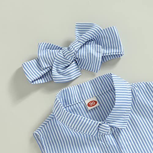 3Pcs Baby Girls Stripes Sleeveless Vest Lapel Button Down Shirt + Elastic Waist Skirt Shorts + Headband Set (Blue Beige, 3-4 Years) #TOP2
